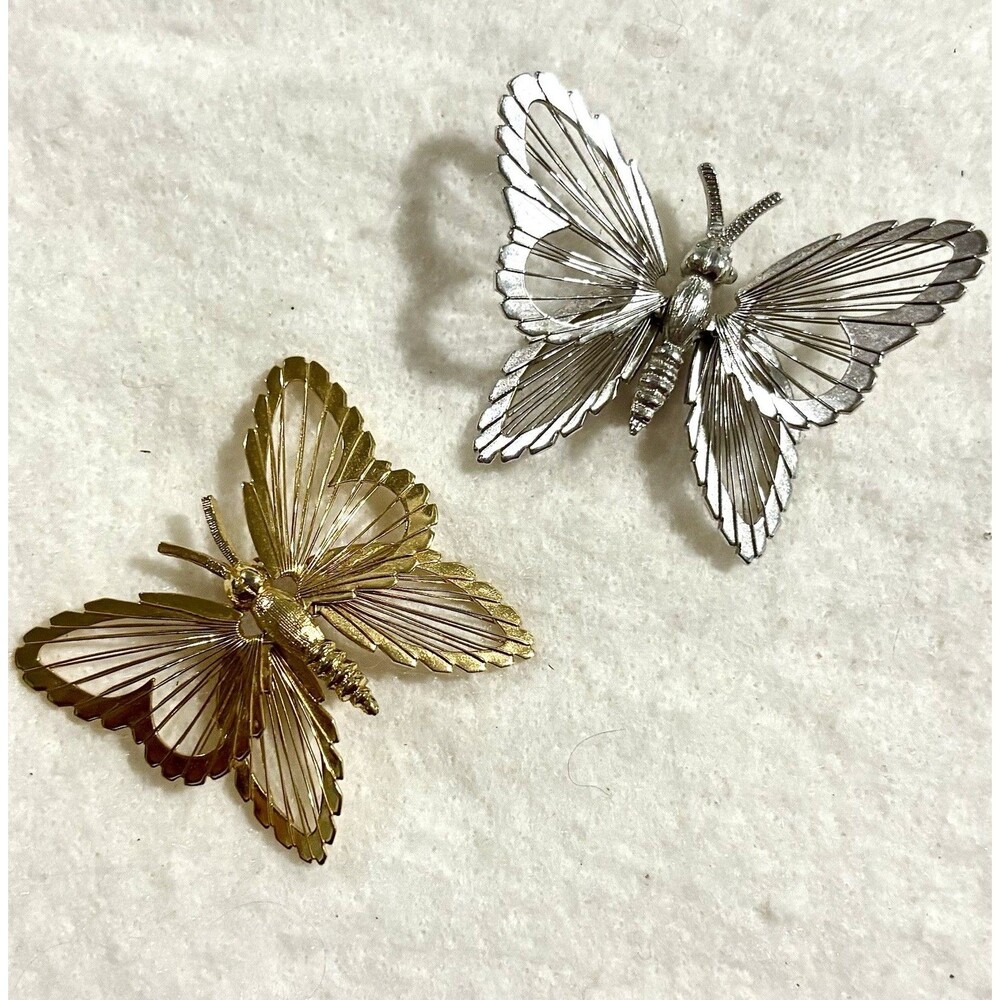Vintage Monet Butterfly Brooch Matching Pair Gold Silver Signed Openwork Wings
